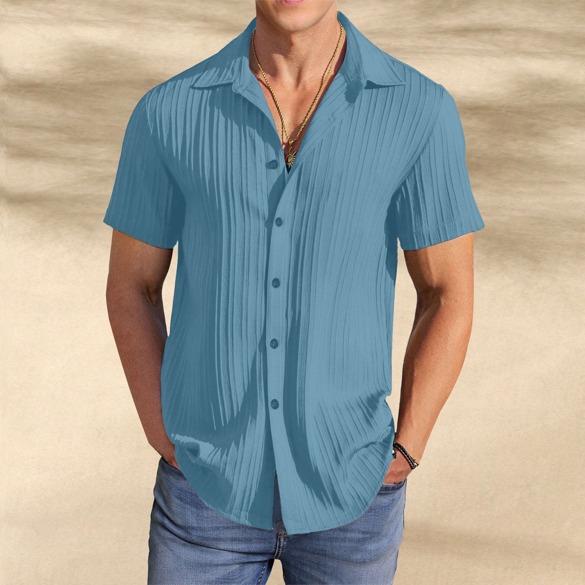 Men’s Textured Popcorn Half Sleeve Casual Shirt – Blue