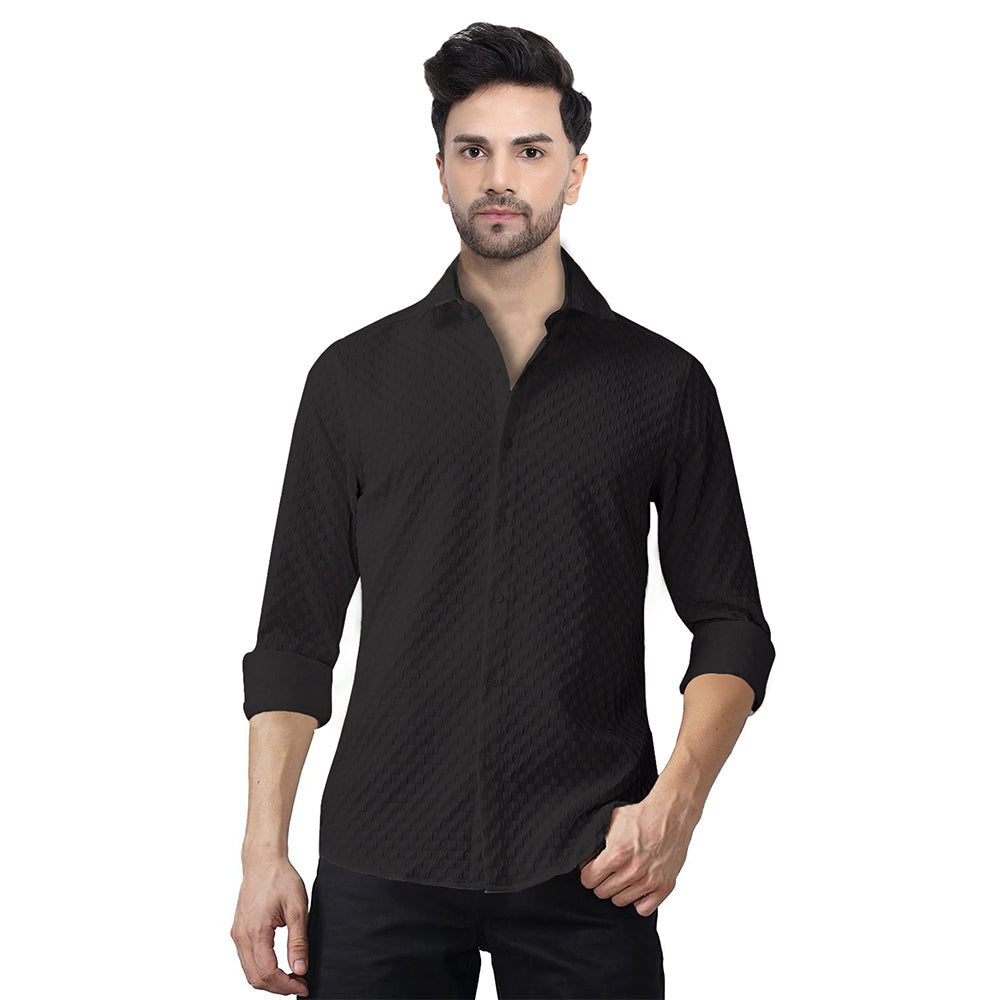 Man's Casual Checks Textured Popcorn Shirts- Black