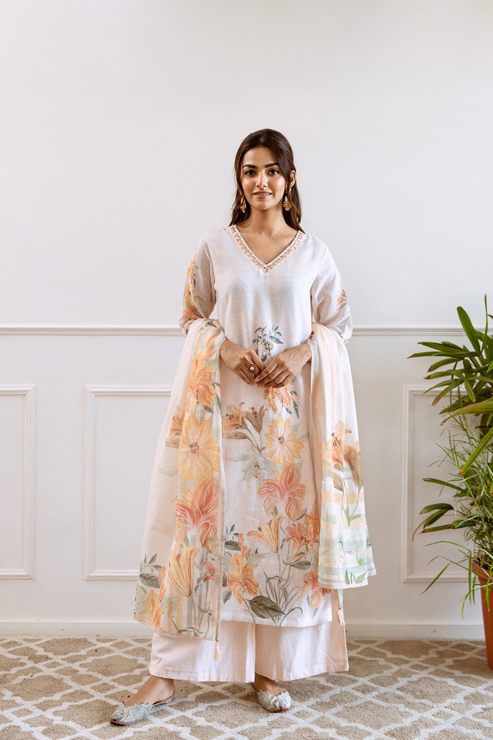 Floral Printed V-Neck Linen Straight Kurta Set with Dupatta- Cream
