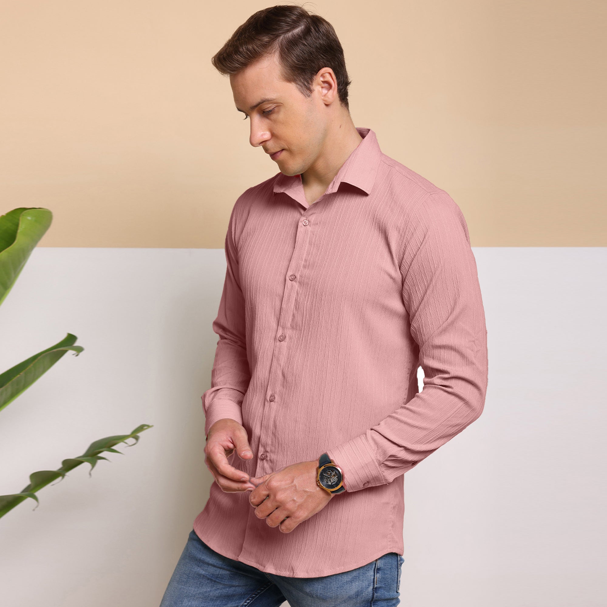 Crushed Self Stripe Pink Shirt