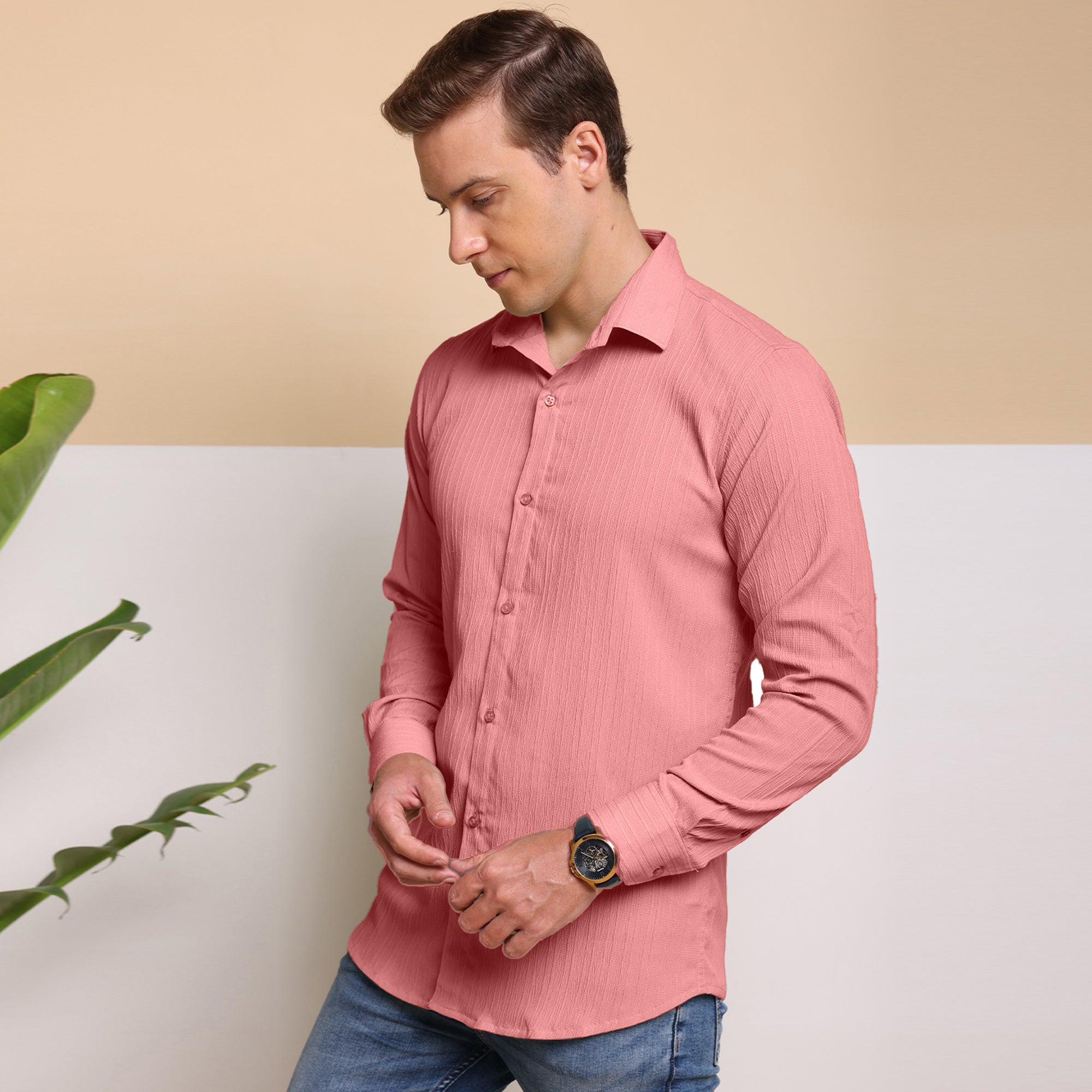 Crushed Self Stripe Peach Shirt