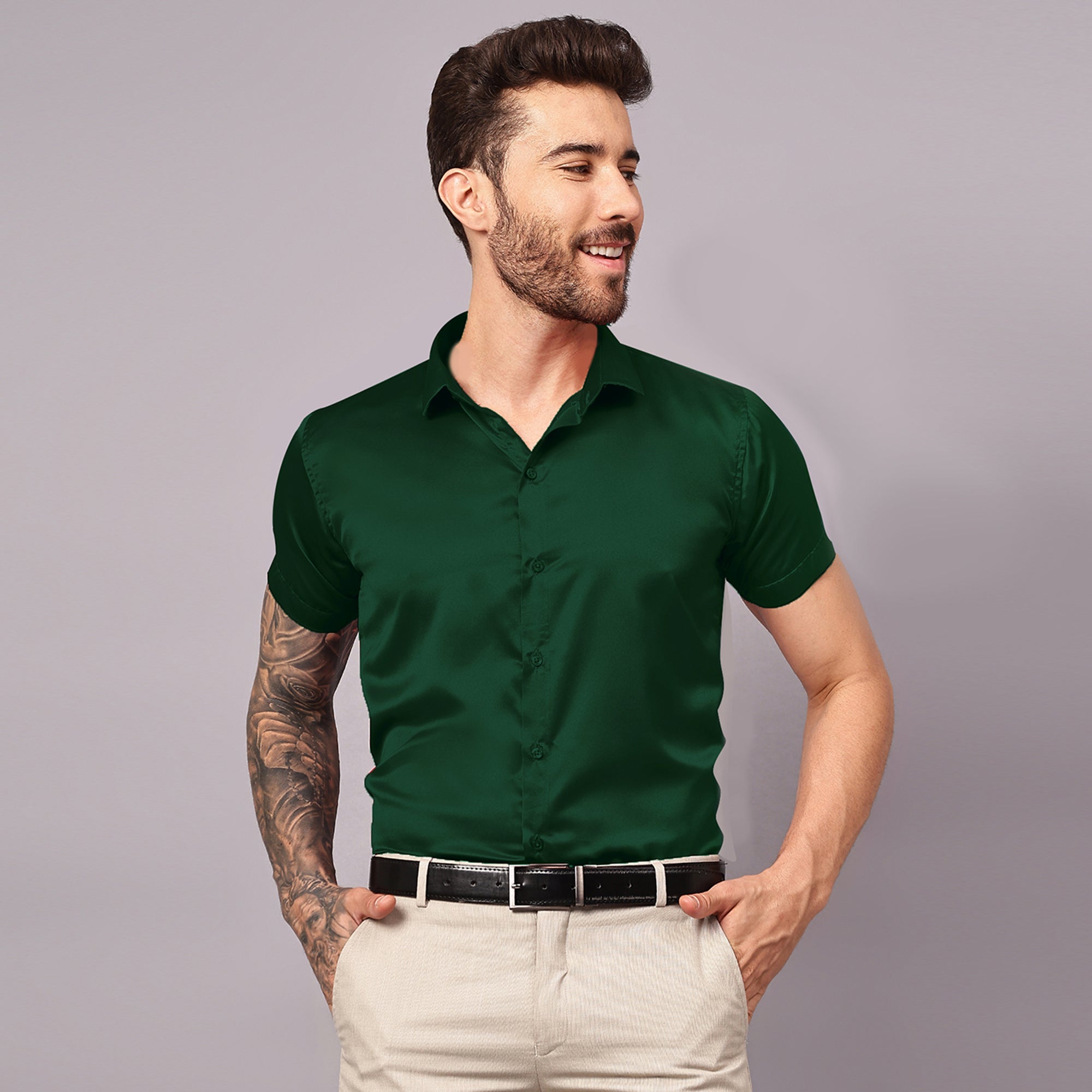 Satin Half Formal Shirt Bottle Green Color