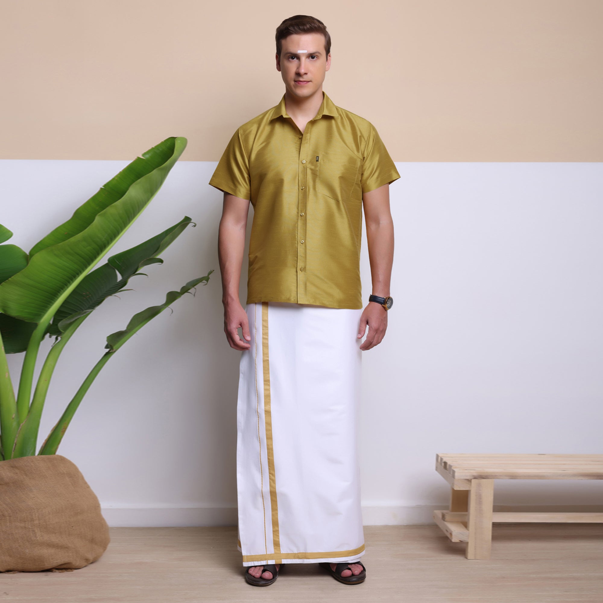 Men's Ethnic Wear Silk Shirt (Yellow)