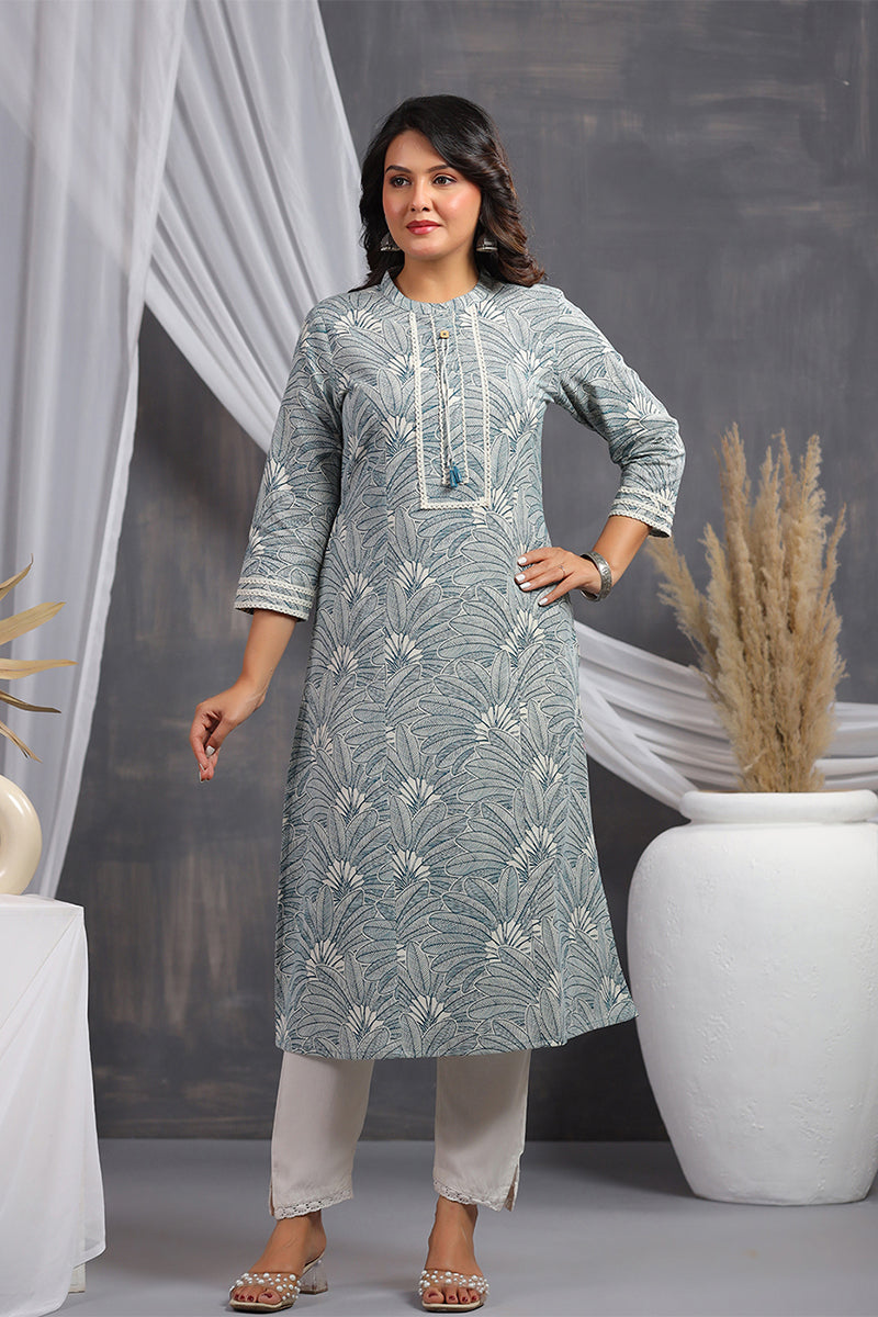 Leaf Print Cotton Mandarin Collar Straight Long Kurti- Light Blue