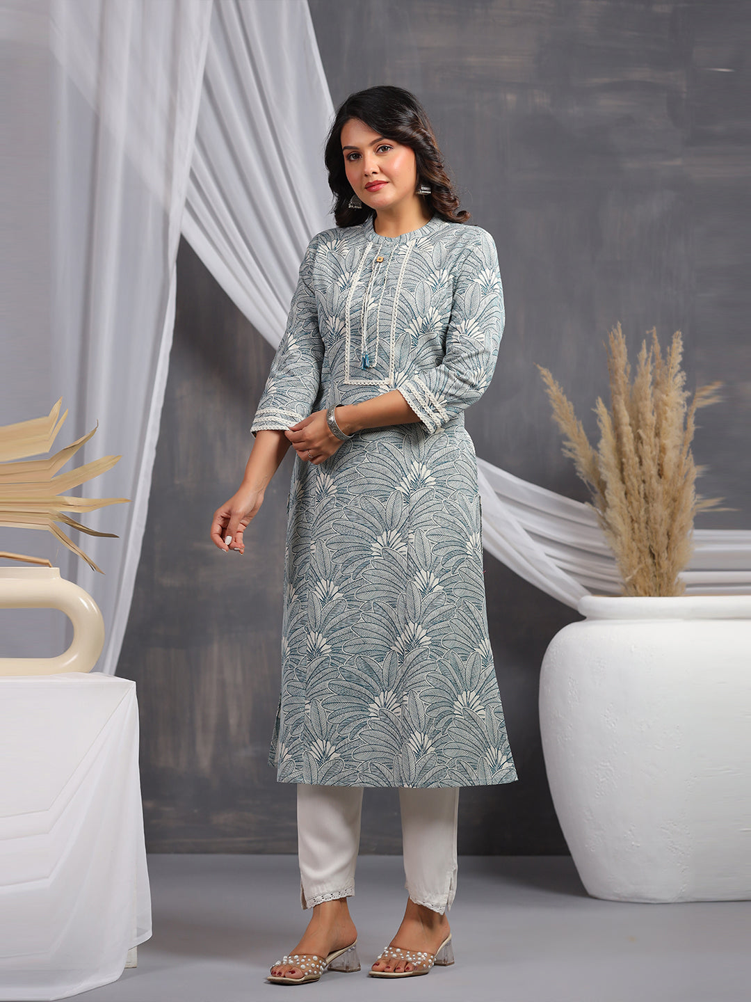 Leaf Print Cotton Mandarin Collar Straight Long Kurti- Light Blue