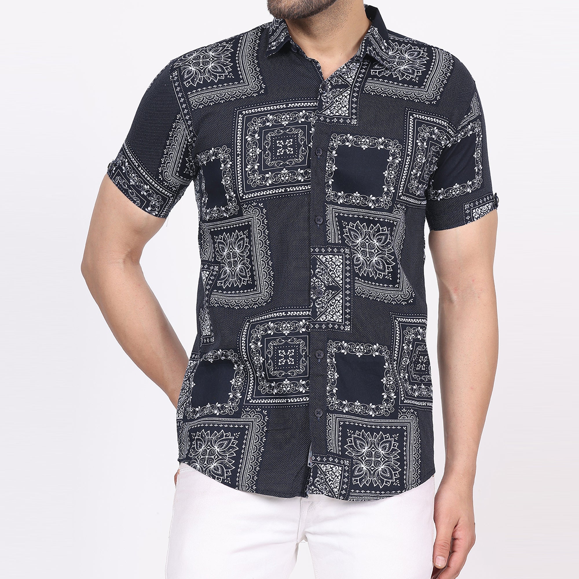 Men's Regular Fit Half Sleeve Printed Shirt-Black My Store