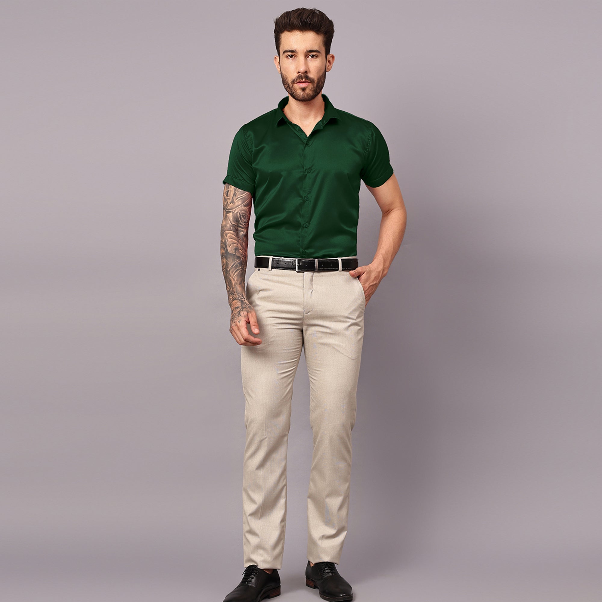 Satin Half Formal Shirt Bottle Green Color