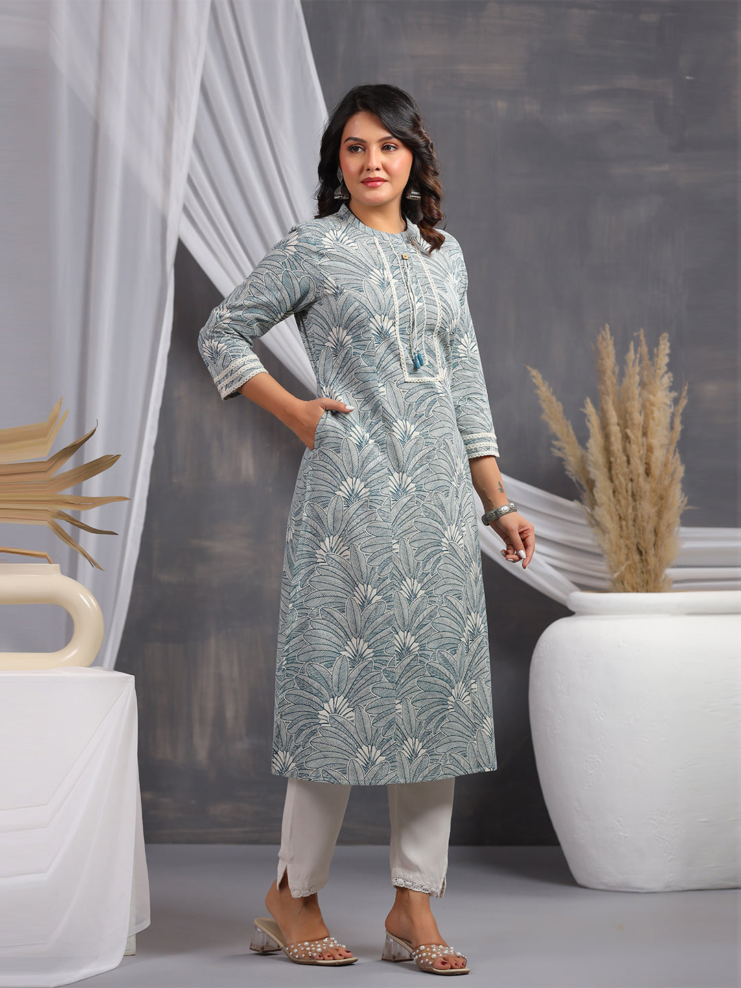 Leaf Print Cotton Mandarin Collar Straight Long Kurti- Light Blue