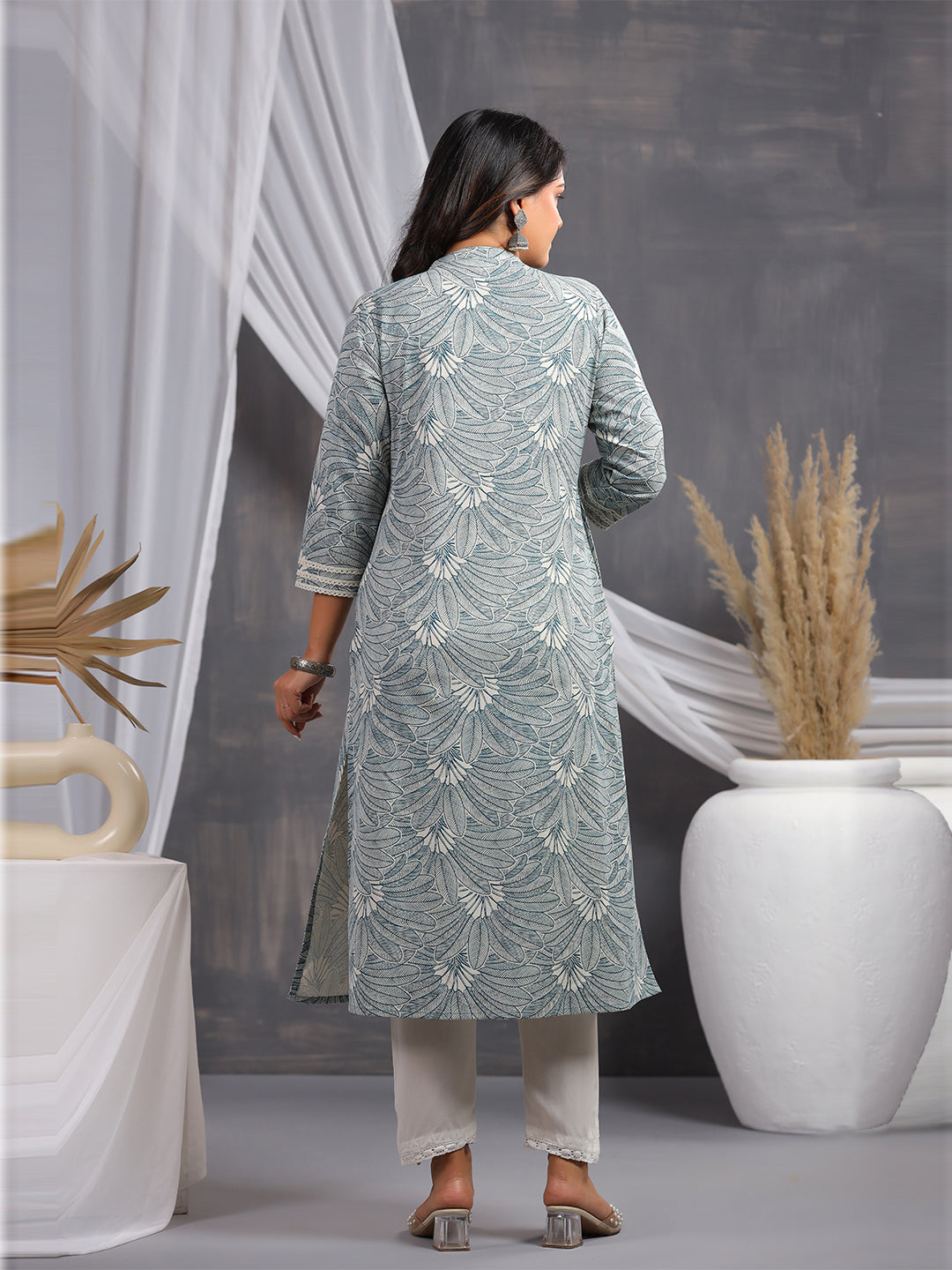 Leaf Print Cotton Mandarin Collar Straight Long Kurti- Light Blue