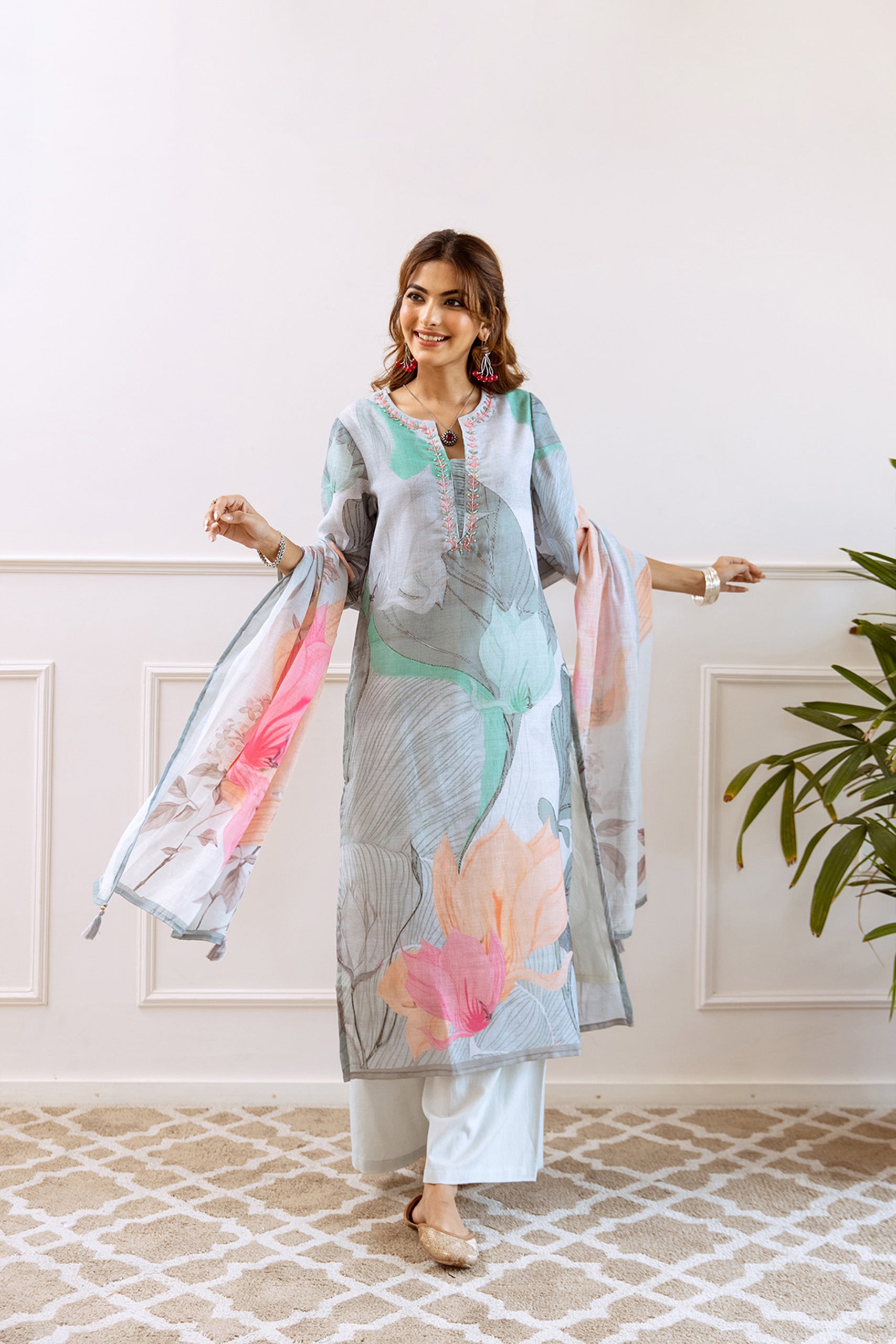 Floral Printed Notched Neck Linen Straight Kurta Set with Dupatta- Grey Green