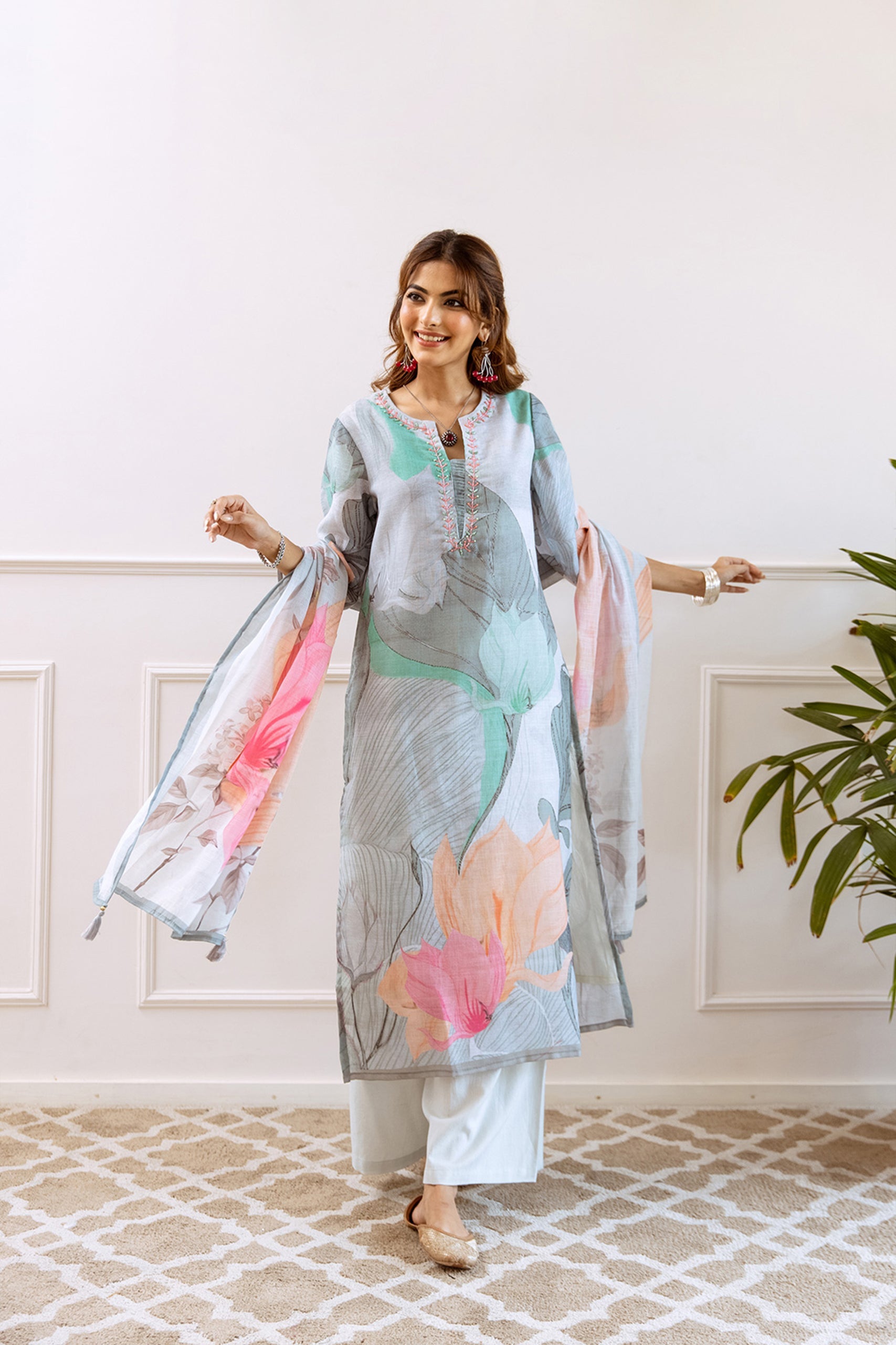 FLORAL PRINTED LINEN STRAIGHT KURTA SET WITH DUPATTA | THREE-PIECE ETHNIC WEAR FOR WOMEN | PLUS SIZE AVAILABLE-Grey Green Filo Hevis