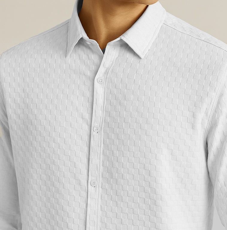 Men's Casual Checks Textured Popcorn Shirts- White