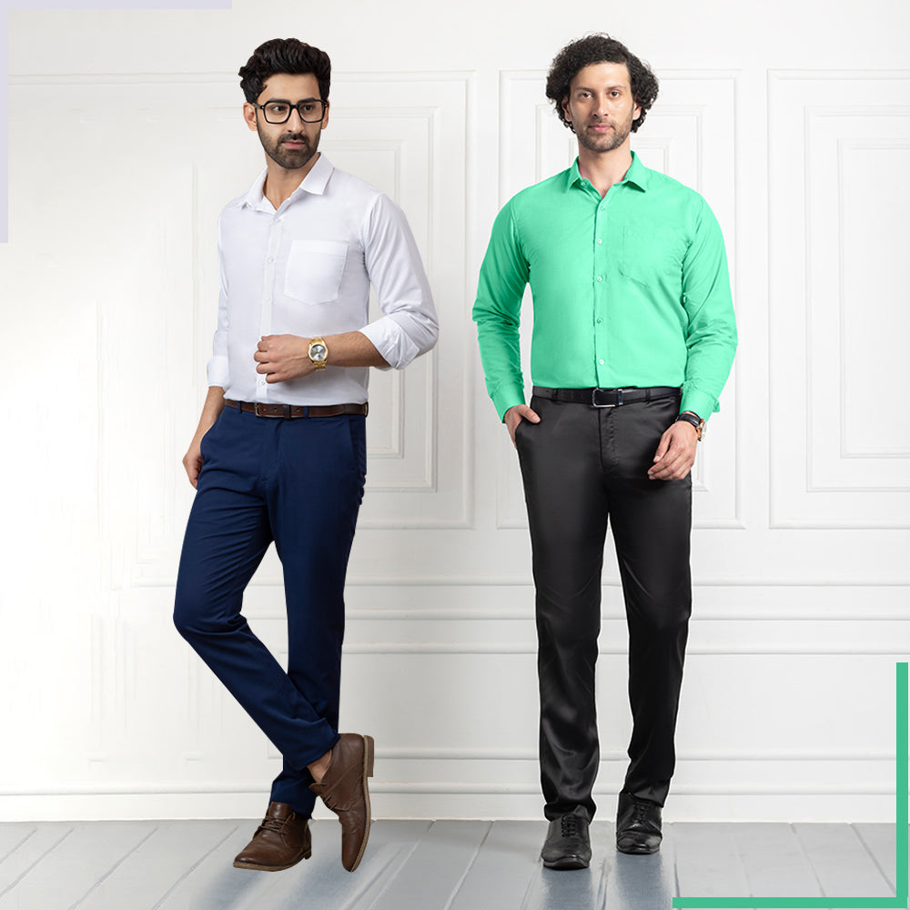 Cotton Satin White & Filafil Green- Classic Pocket Shirt Combo (Set of 2)