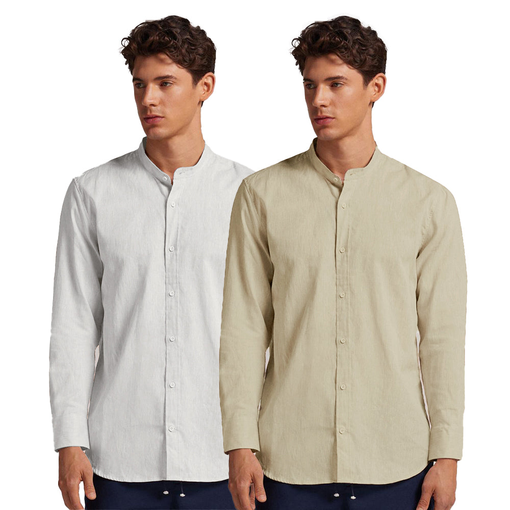 Pack of 2 | Men's Cotton-Linen Chinese Collar T-Neck Shirts | White & Beige Combo | Regular fit