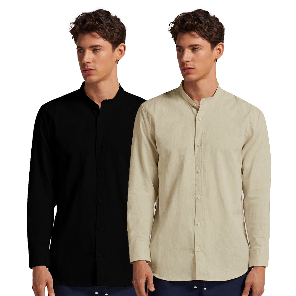 Pack of 2 | Men's Cotton-Linen Chinese Collar T-Neck Shirts | Black & Beige Combo | Regular fit