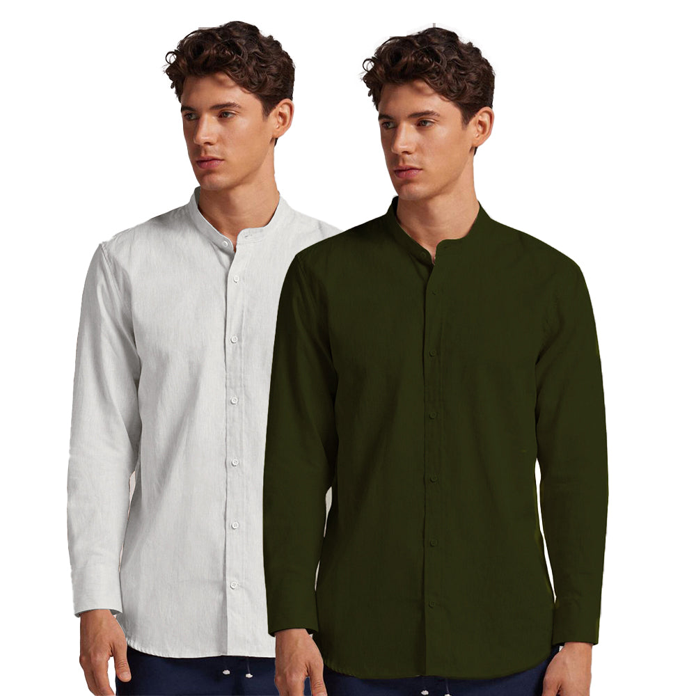Pack of 2 | Men's Cotton-Linen Chinese Collar T-Neck Shirts | White & Dark Green Combo | Regular fit