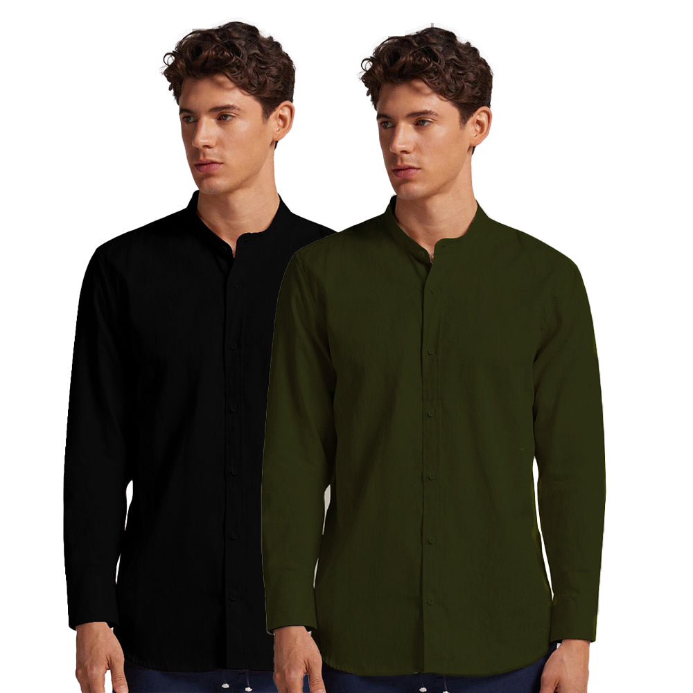Pack of 2 | Men's Cotton-Linen Chinese Collar T-Neck Shirts | Black & Dark Green Combo | Regular fit