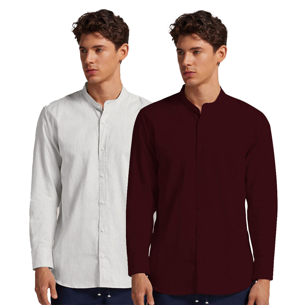 Pack of 2 | Men's Cotton-Linen Chinese Collar T-Neck Shirts | White & Dark Maroon Combo | Regular fit