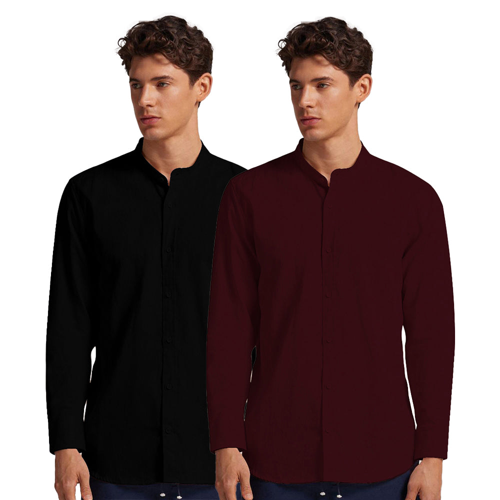 Pack of 2 | Men's Cotton-Linen Chinese Collar T-Neck Shirts | Black & Dark Maroon Combo | Regular fit