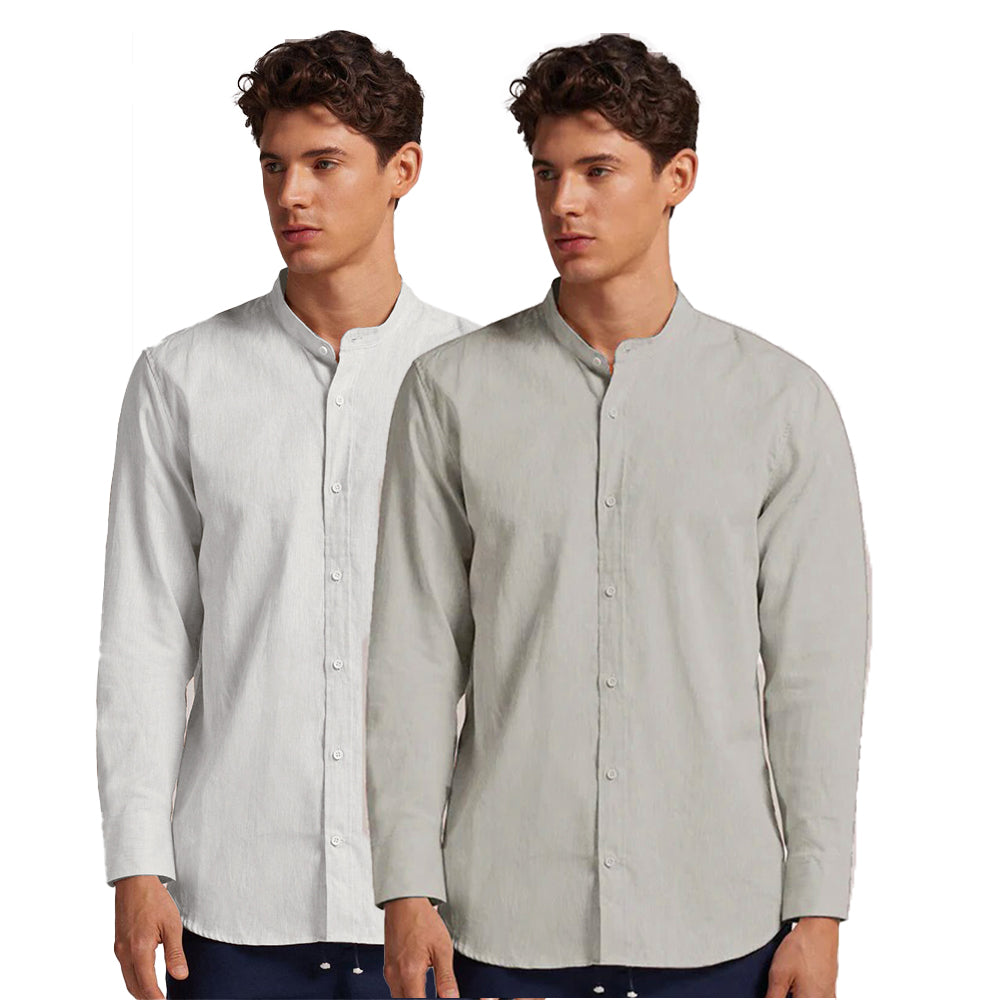 Pack of 2 | Men's Cotton-Linen Chinese Collar T-Neck Shirts | White & Light Gray Combo | Regular fit