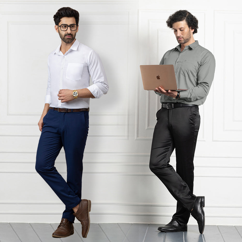 Combo of 2 Premium Cotton Formal Shirts – White & Grey | Single Pocket | Smart Fit