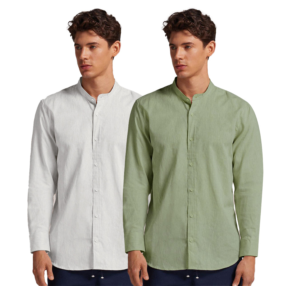 Pack of 2 | Men's Cotton-Linen Chinese Collar T-Neck Shirts | White & Light Green Combo | Regular fit