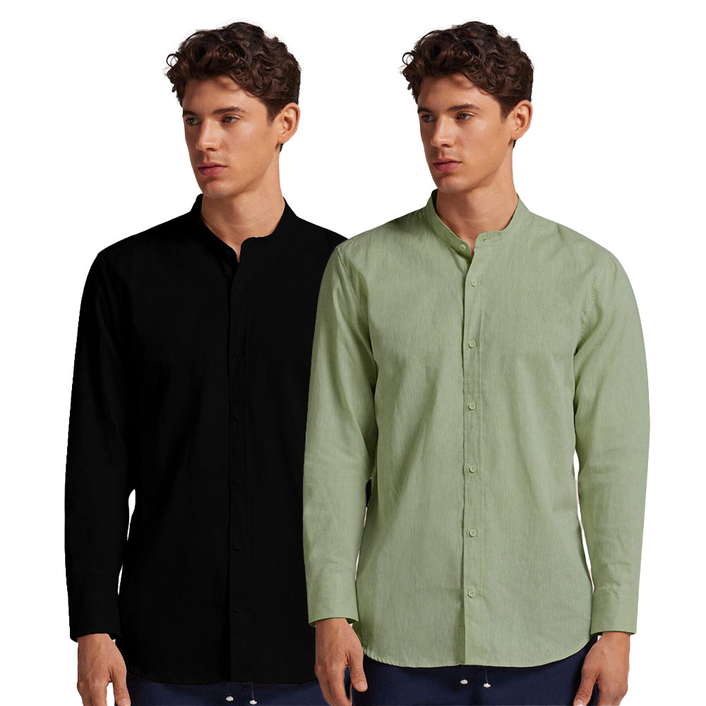 Pack of 2 | Men's Cotton-Linen Chinese Collar T-Neck Shirts | Black & Light Green Combo | Regular fit