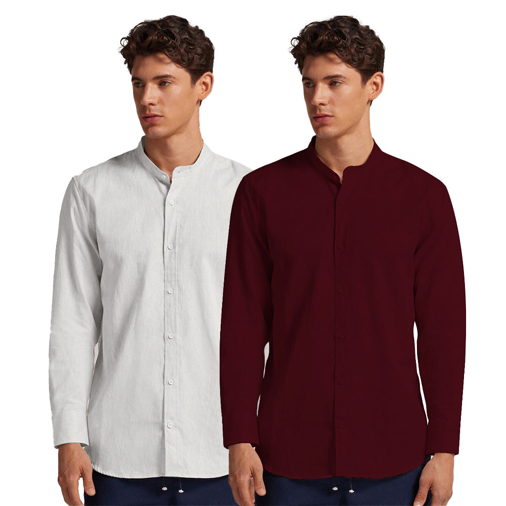 Pack of 2 | Men's Cotton-Linen Chinese Collar T-Neck Shirts | White & Maroon Combo | Regular fit