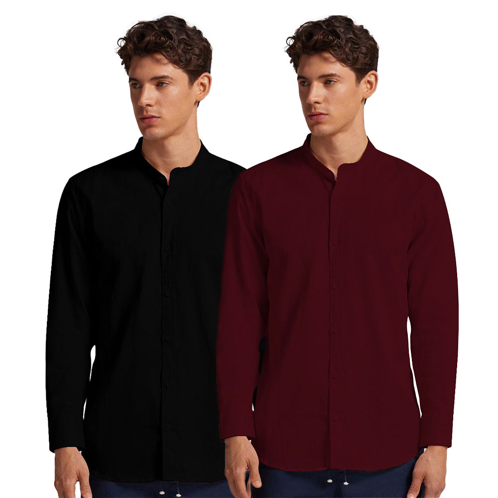 Pack of 2 | Men's Cotton-Linen Chinese Collar T-Neck Shirts | Black & Maroon Combo | Regular fit