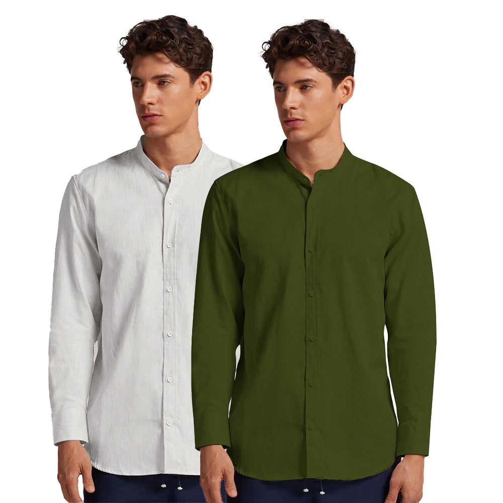 Pack of 2 | Men's Cotton-Linen Chinese Collar T-Neck Shirts | White & Mehandi Green Combo | Regular fit