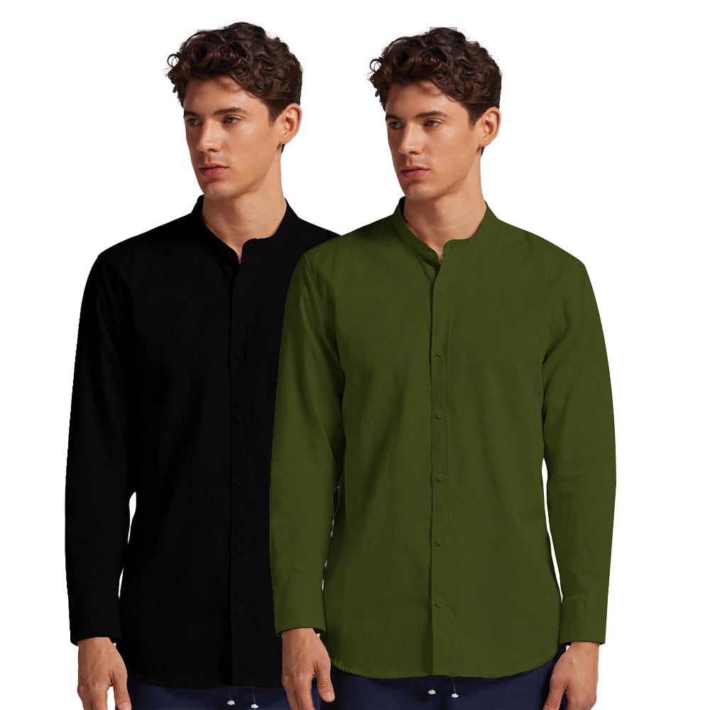 Pack of 2 | Men's Cotton-Linen Chinese Collar T-Neck Shirts | Black & Mehandi Green Combo | Regular fit