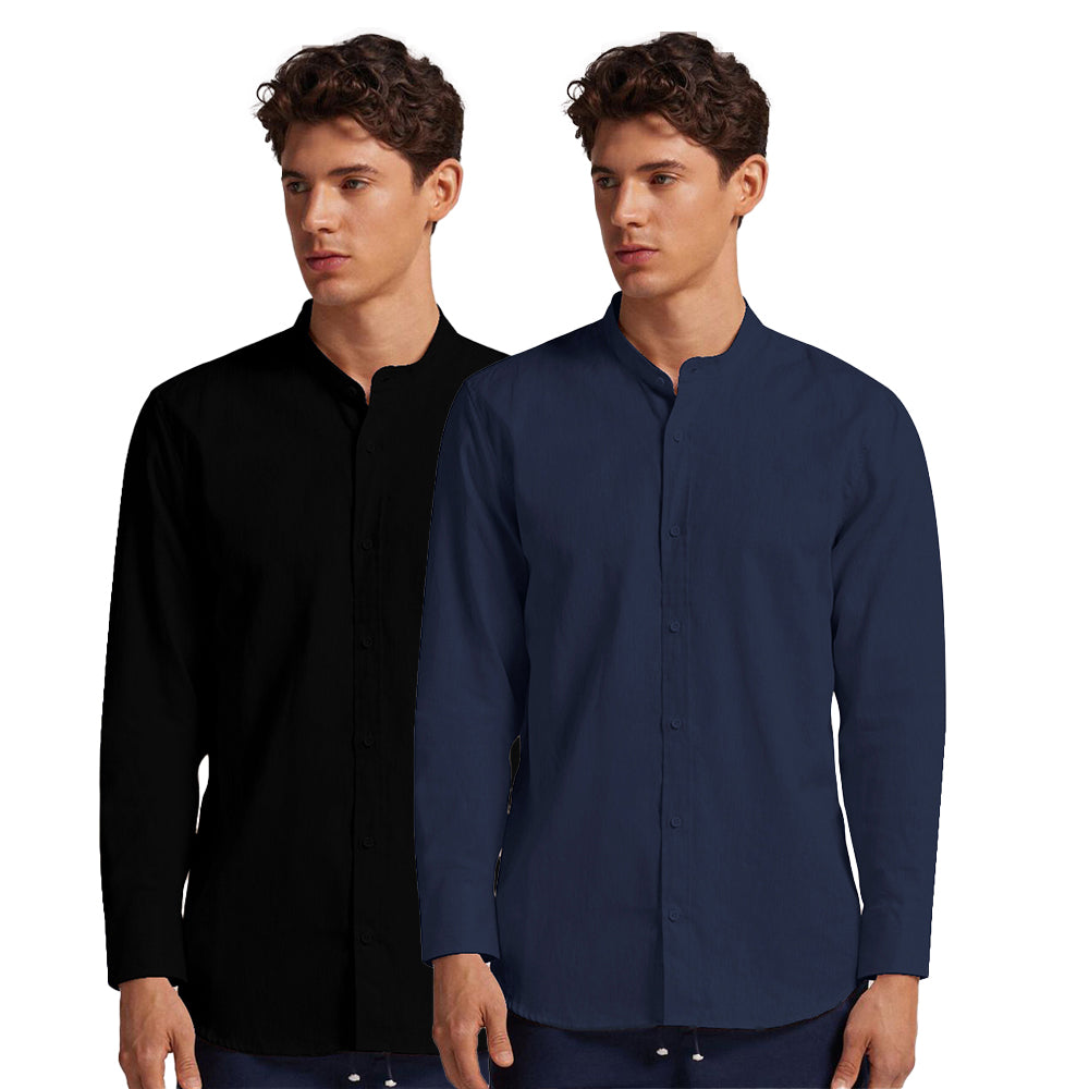 Pack of 2 | Men's Cotton-Linen Chinese Collar T-Neck Shirts | Black & Navy Blue Combo | Regular fit