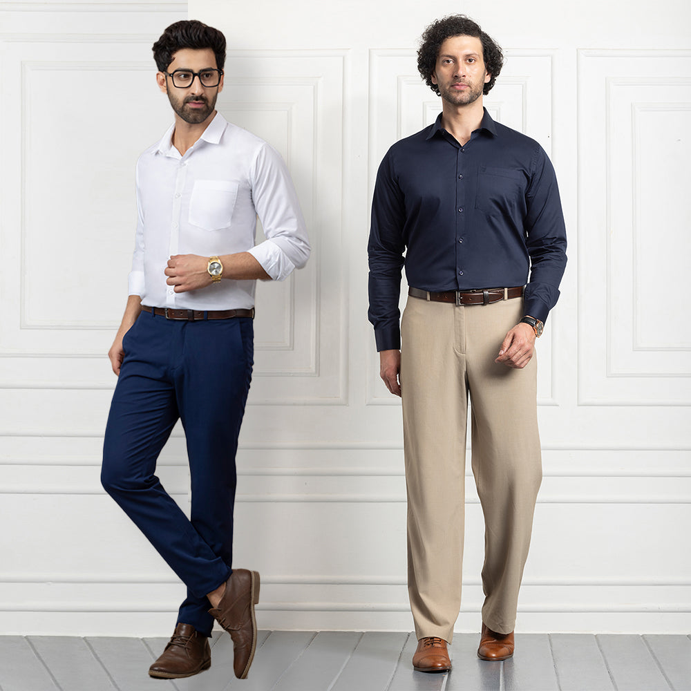 Combo of 2 Premium Cotton Formal Shirts – White & Navy Blue | Single Pocket | Smart Fit