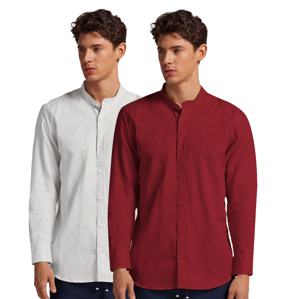Pack of 2 | Men's Cotton-Linen Chinese Collar T-Neck Shirts | White & Red Combo | Regular fit