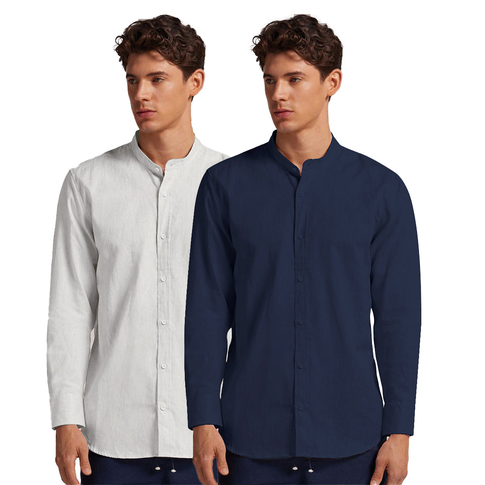 Pack of 2 | Men's Cotton-Linen Chinese Collar T-Neck Shirts | White & Navy Blue Combo | Regular fit