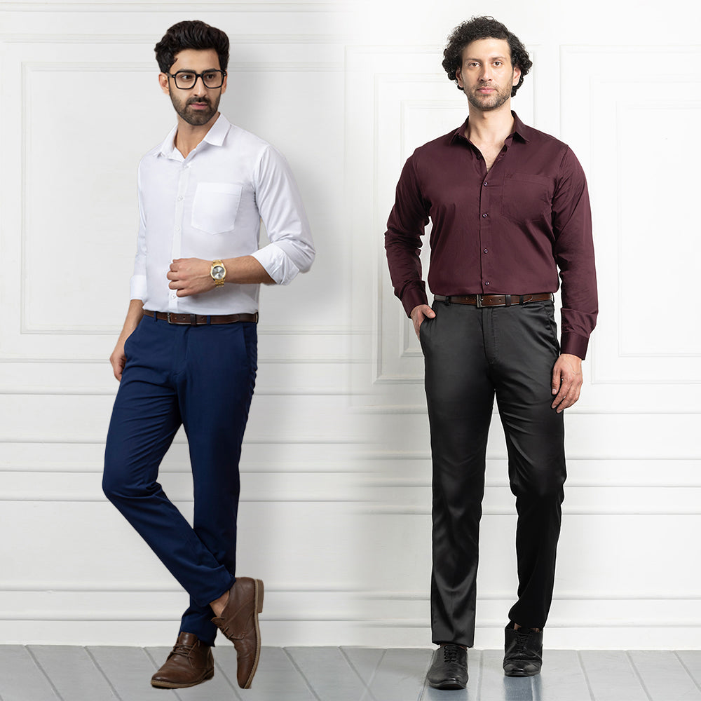 Combo of 2 Premium Cotton Formal Shirts – White & Wine | Single Pocket | Smart Fit