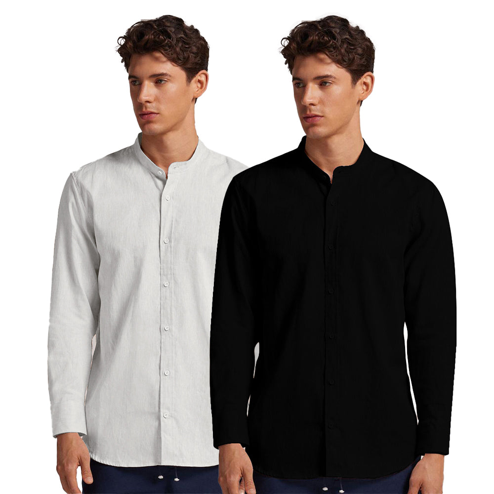 Pack of 2 | Men's Cotton-Linen Chinese Collar T-Neck Shirts | White & Black Combo | Regular fit