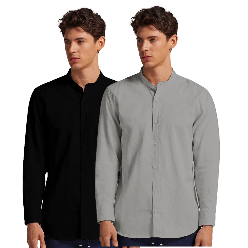 Pack of 2 | Men's Cotton-Linen Chinese Collar T-Neck Shirts | Black & Gray Combo | Regular fit