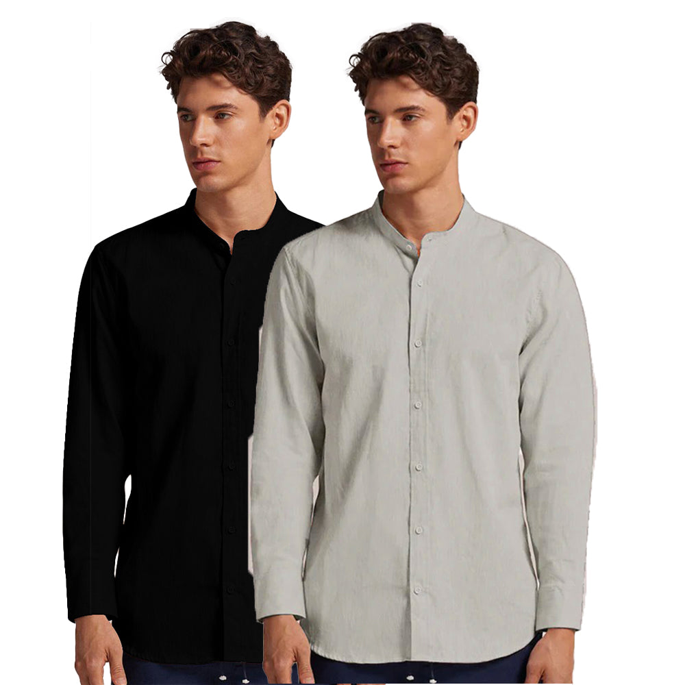 Pack of 2 | Men's Cotton-Linen Chinese Collar T-Neck Shirts | Black & Light Gray Combo | Regular fit