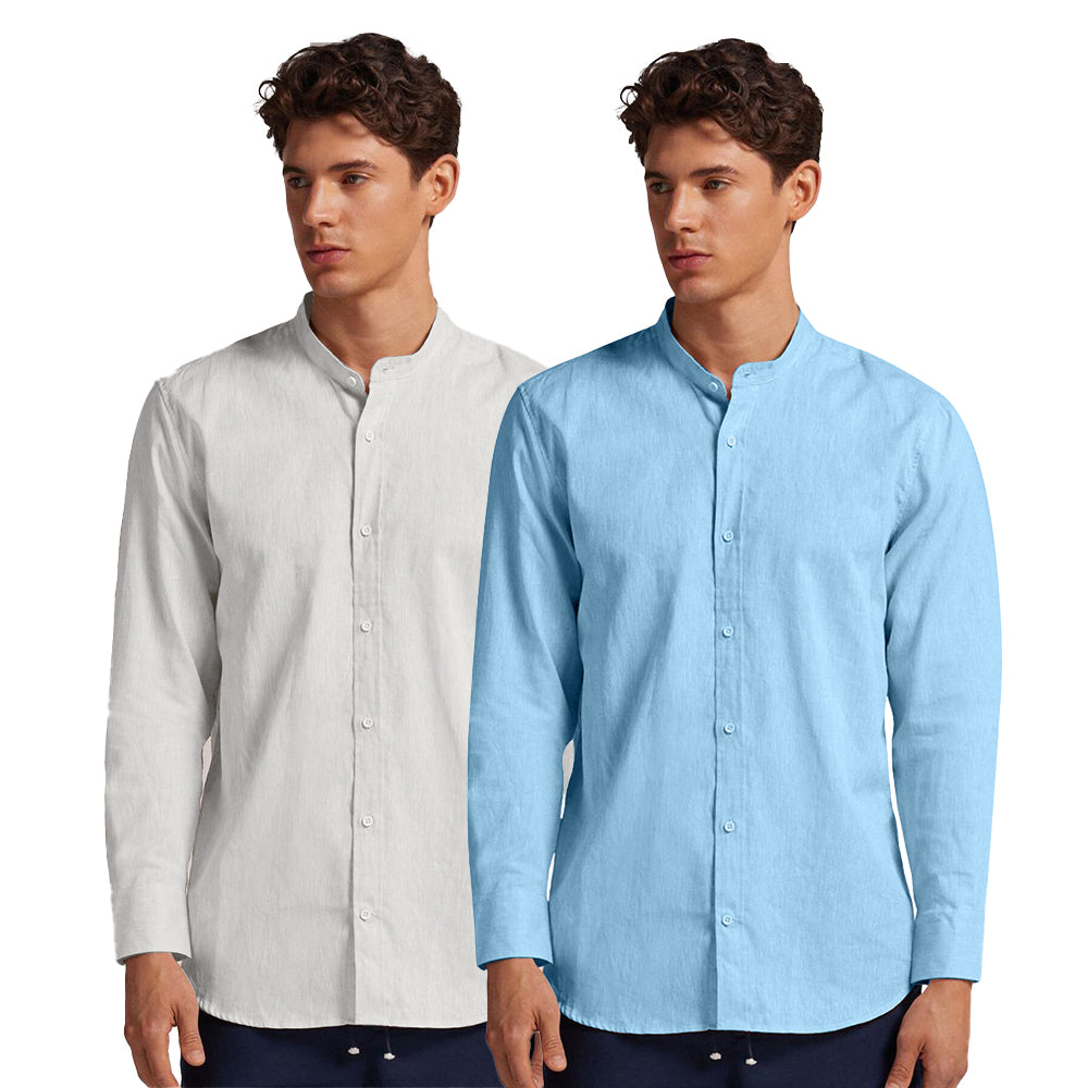 Pack of 2 | Men's Cotton-Linen Chinese Collar T-Neck Shirts | White & Sky Combo | Regular fit