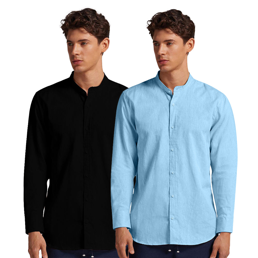 Pack of 2 | Men's Cotton-Linen Chinese Collar T-Neck Shirts | Black & Sky Combo | Regular fit