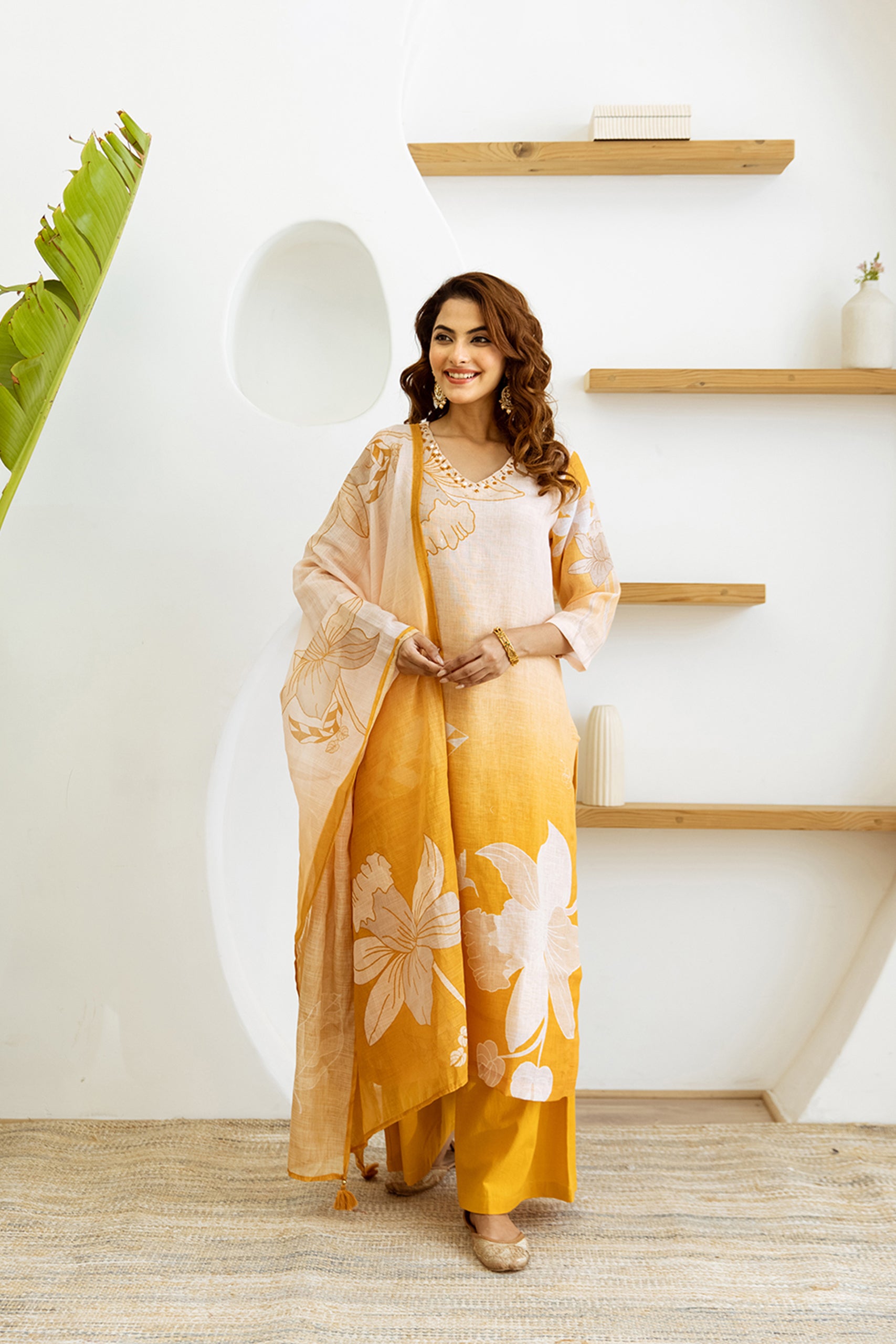 Floral Printed V-Neck Linen Straight Kurta Set with Dupatta- Yellow