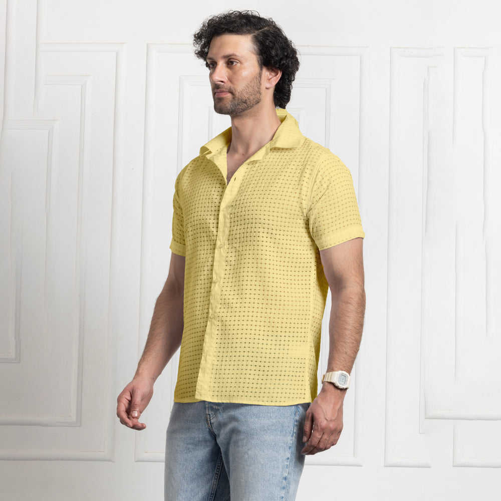 Men's Net Self Cuban Collar Casual Shirt Yellow Filo Hevis