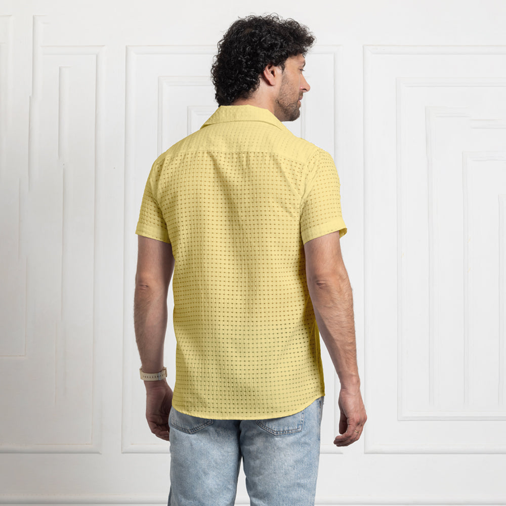 Men's Net Self Cuban Collar Casual Shirt Yellow Filo Hevis