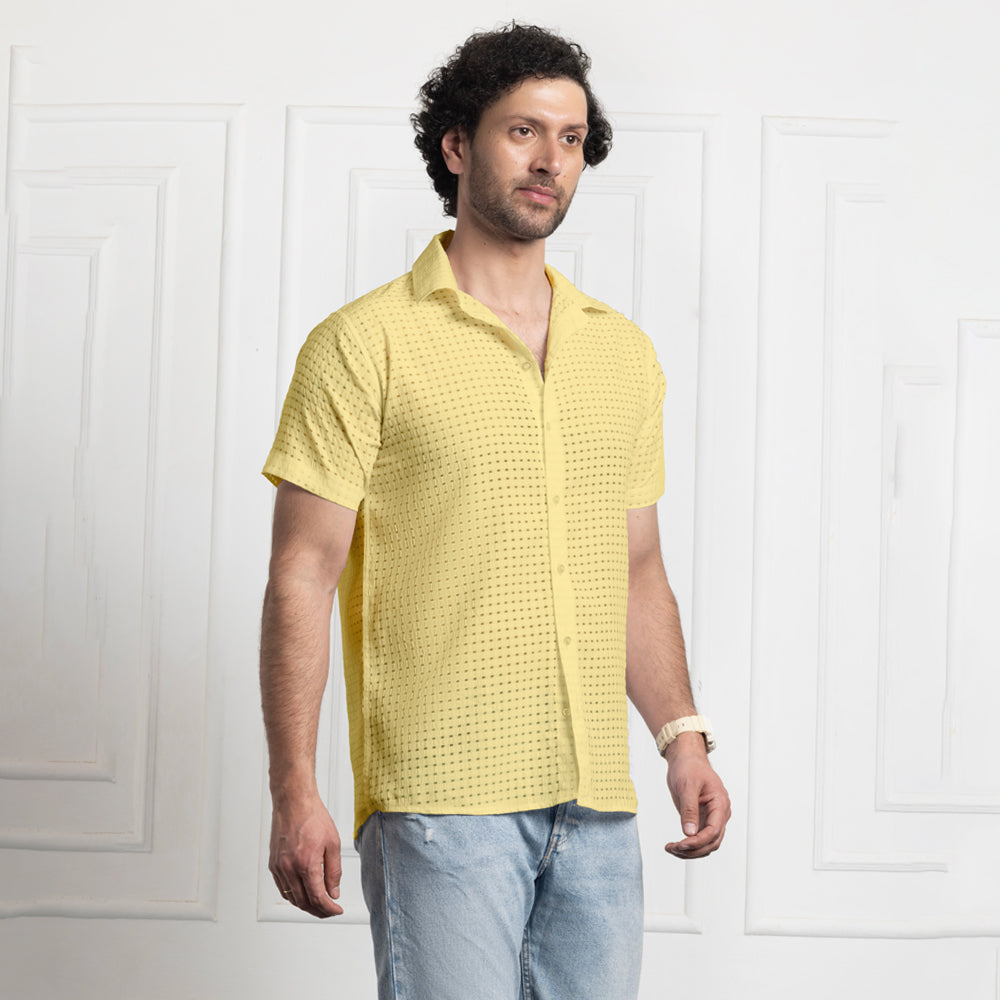 Men's Net Self Cuban Collar Casual Shirt Yellow Filo Hevis