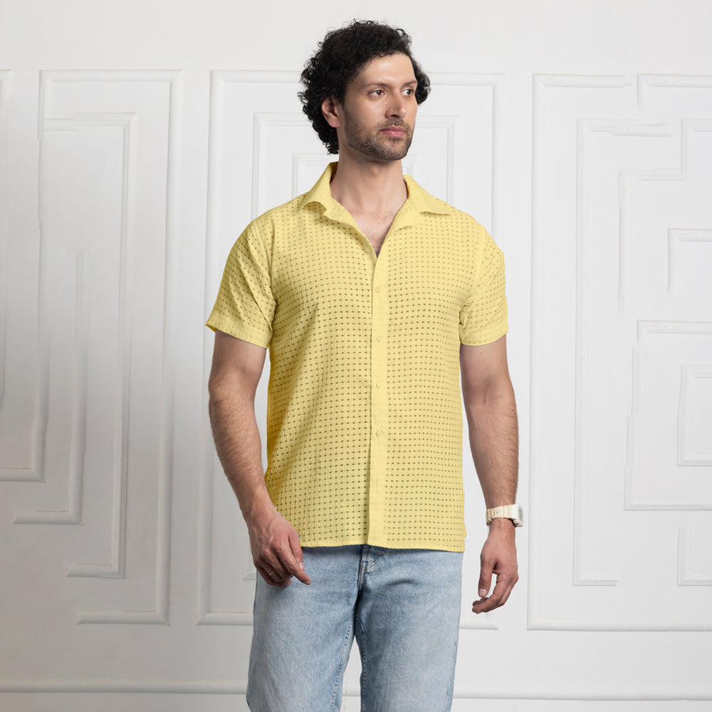 Men's Net Self Cuban Collar Casual Shirt Yellow Filo Hevis