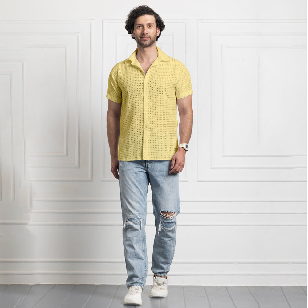 Men's Net Self Cuban Collar Casual Shirt Yellow Filo Hevis