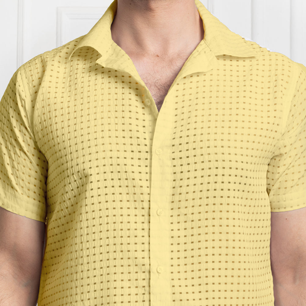 Men's Net Self Cuban Collar Casual Shirt Yellow Filo Hevis