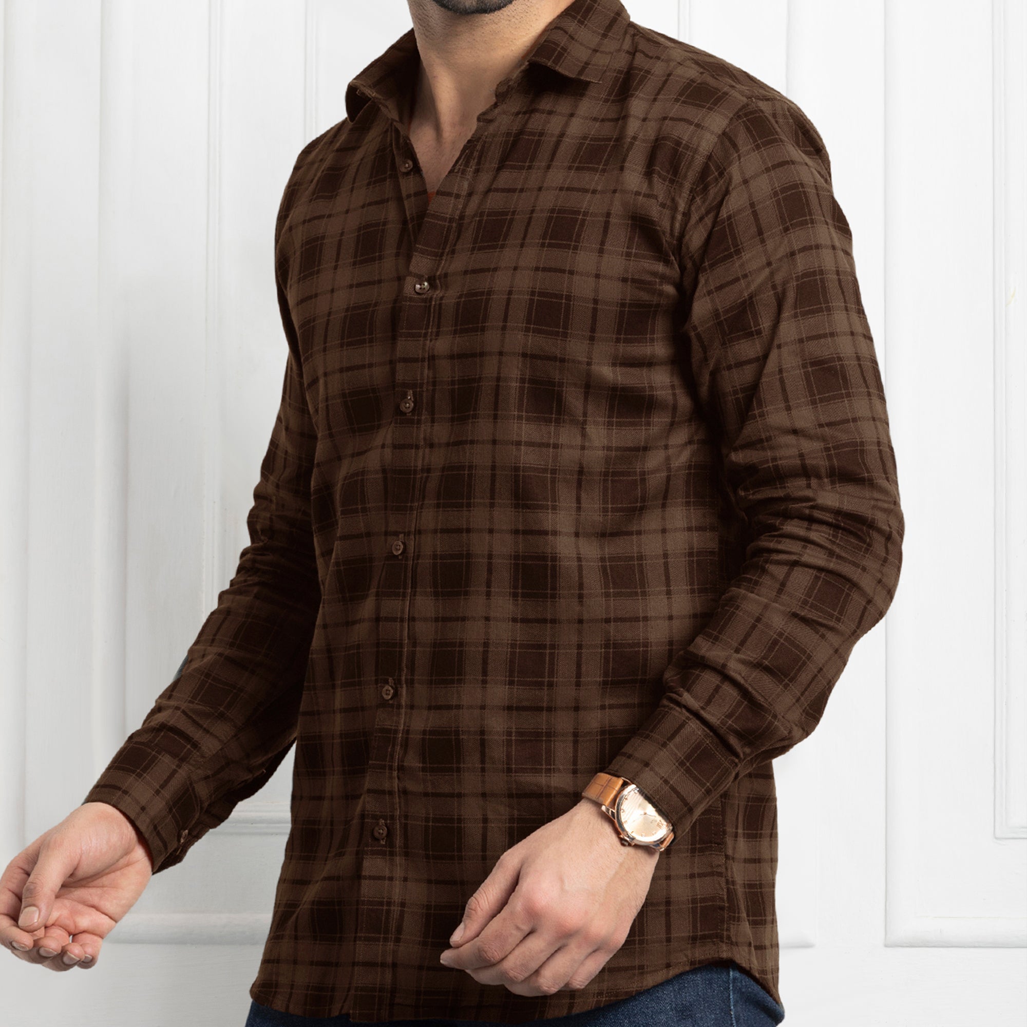 FORMAL COTTON CHECK SHIRTS FOR MEN - Brown Plaid (Long Sleeve)