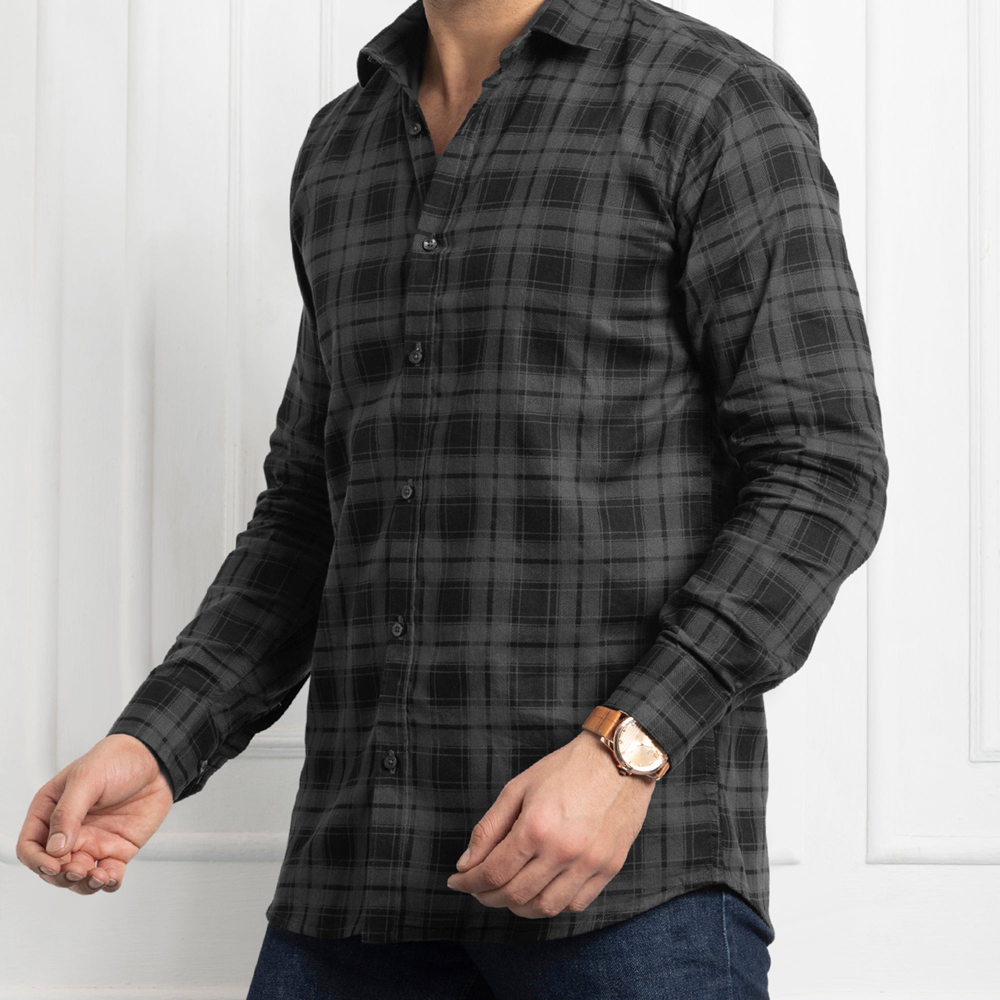 FORMAL COTTON CHECK SHIRTS FOR MEN - Dark Grey Plaid (Long Sleeve)